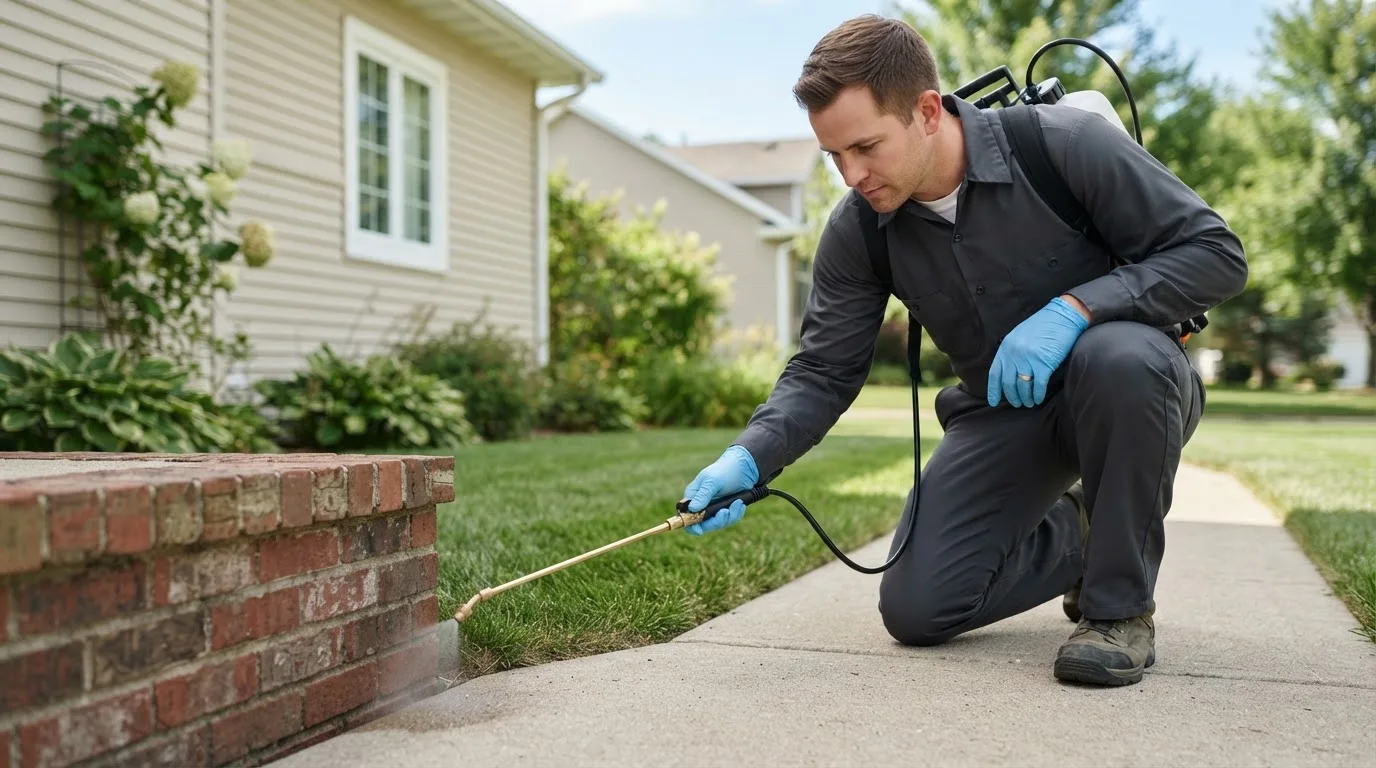 Pest control technician treating a home near Weaubleau, MO