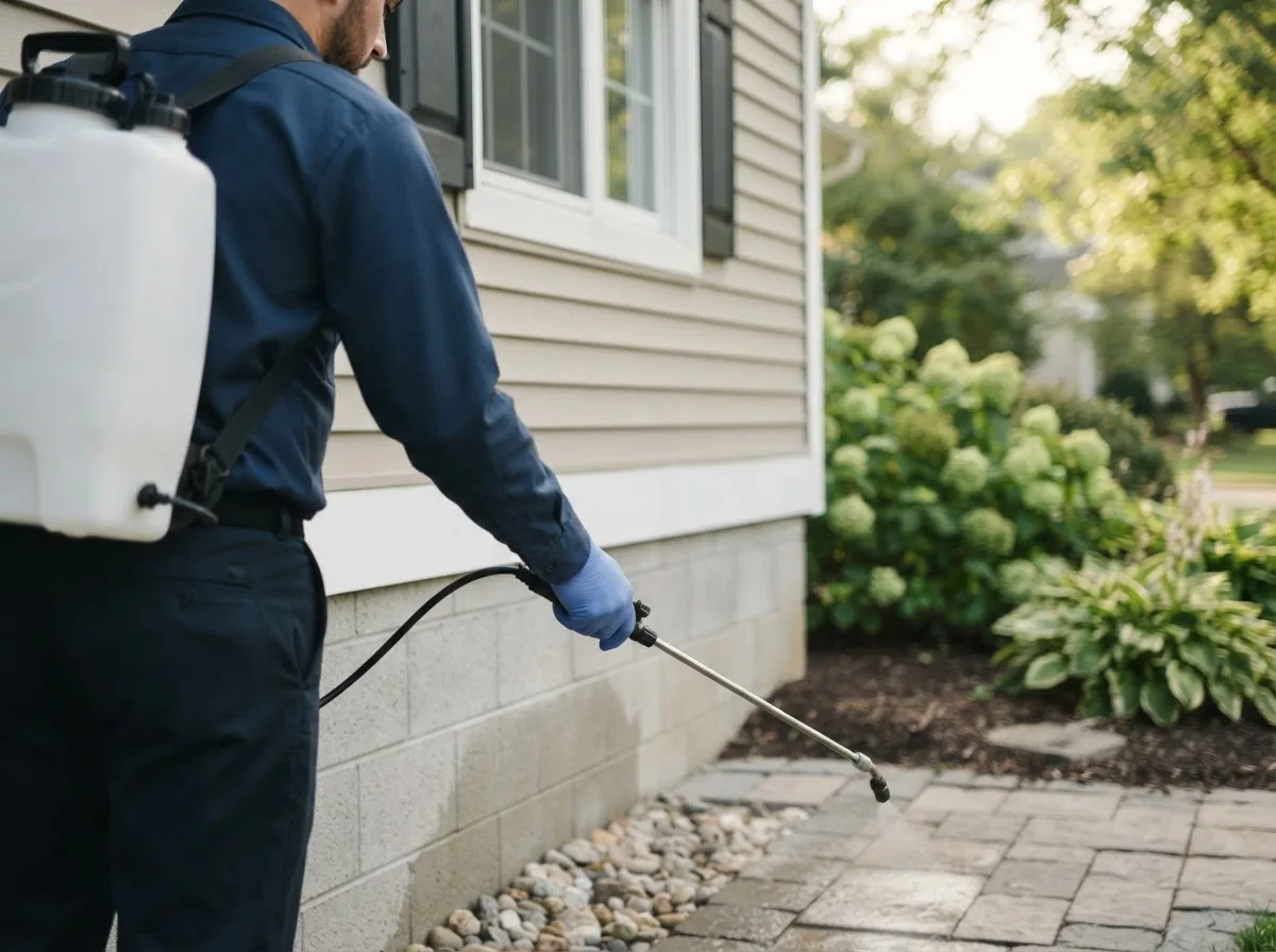 Pest control technician inspecting a home in Weaubleau, MO